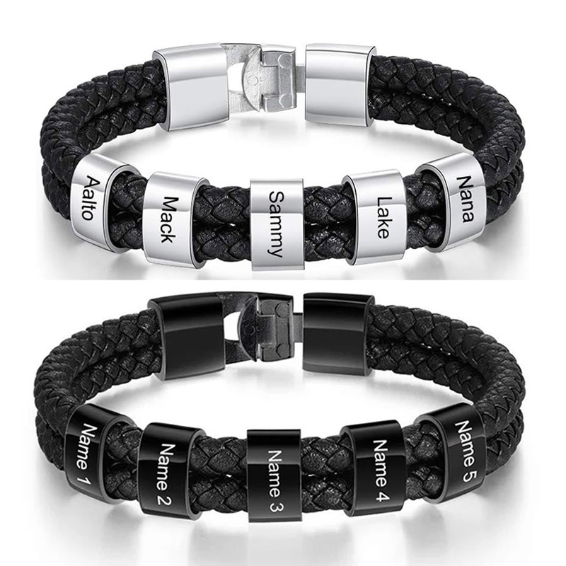 Men's Stainless Steel Engraved Bracelet Double Layer Black Genuine Leather Real Rope Bracelet Customized 1-8 Name Bracelet Jewelry
