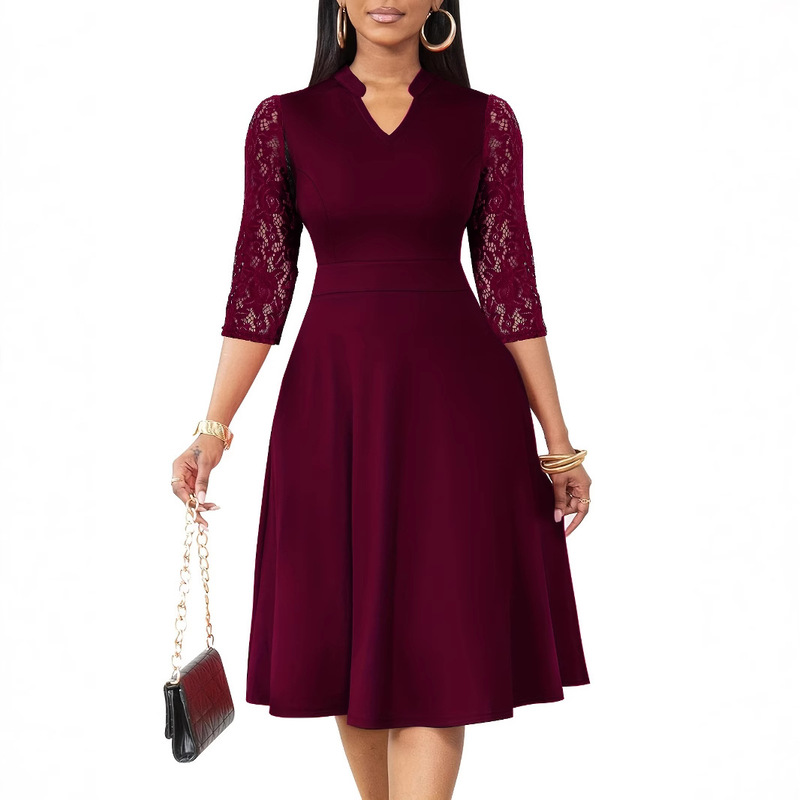 Small Order Customized Amazon New Export Women's Elegant A-Line Dress Lace Splicing Occasion Dress Gift