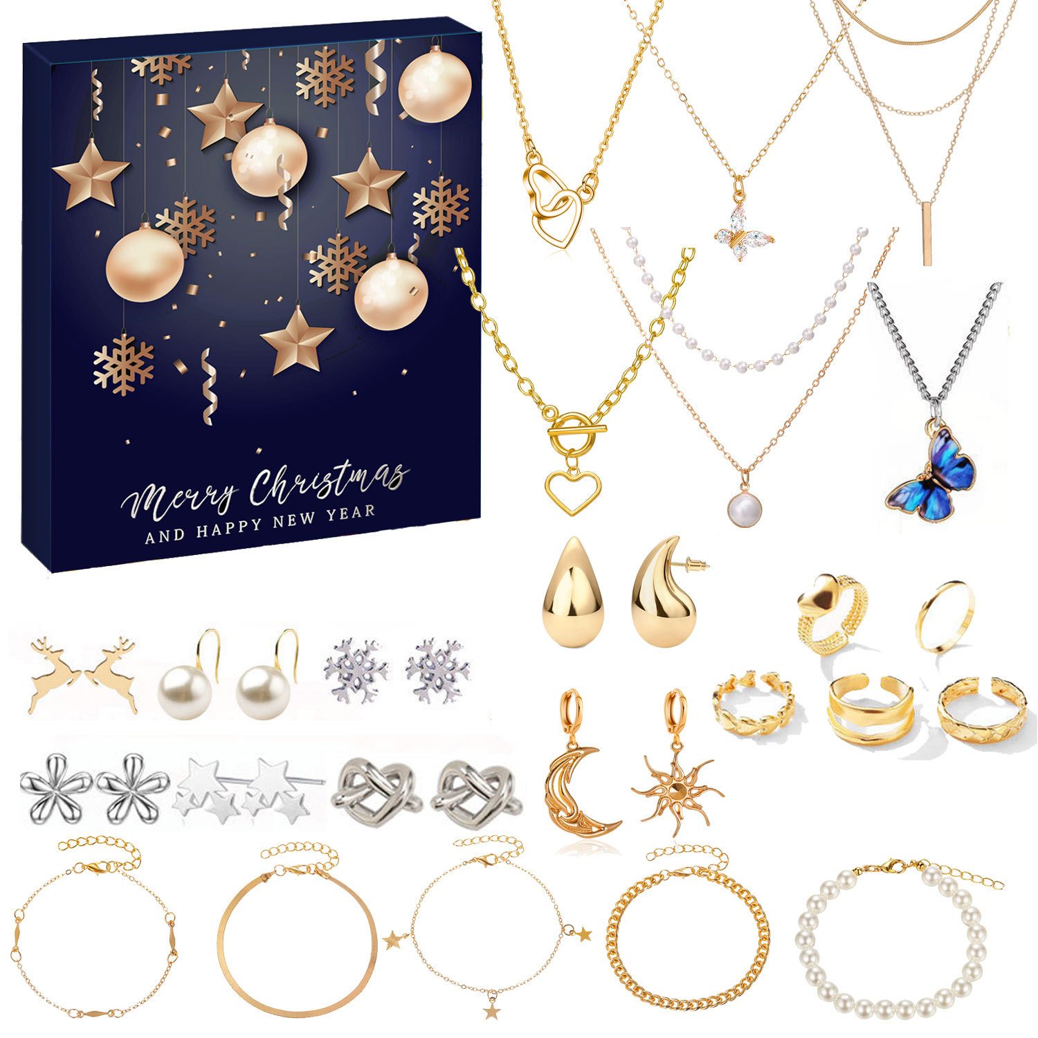 Maison & Jardin Nouveau cadeau de Noël Calendrier de compte à rebours Bijoux de l'Avent Boîte aveugle Boucles d'oreilles Collier Bracelet Coffret cadeau Bijoux Femmes_voghion.com