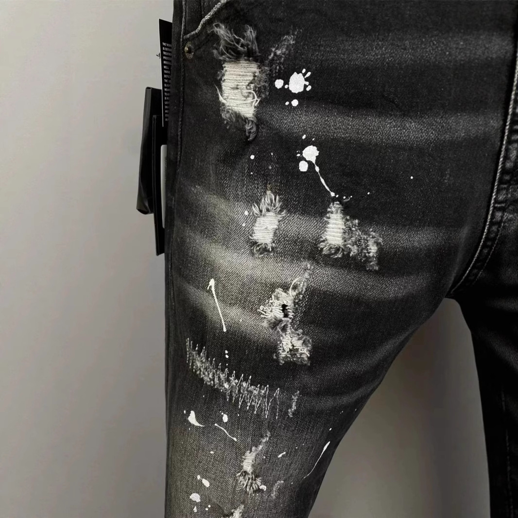 Spring and Summer 2025 New D2 Trendy Men's Washed Grinding Hole Patch Paint Slim-fit Feet Black Jeans Men's Fried Street