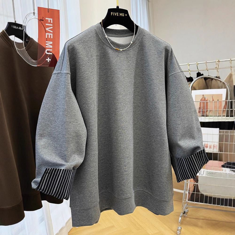 Unique and Chic Shirt Splicing Fake Two-Piece Super Nice Top for Women Spring & Fall Style Lazy Style Loose Round Neck Sweatshirt