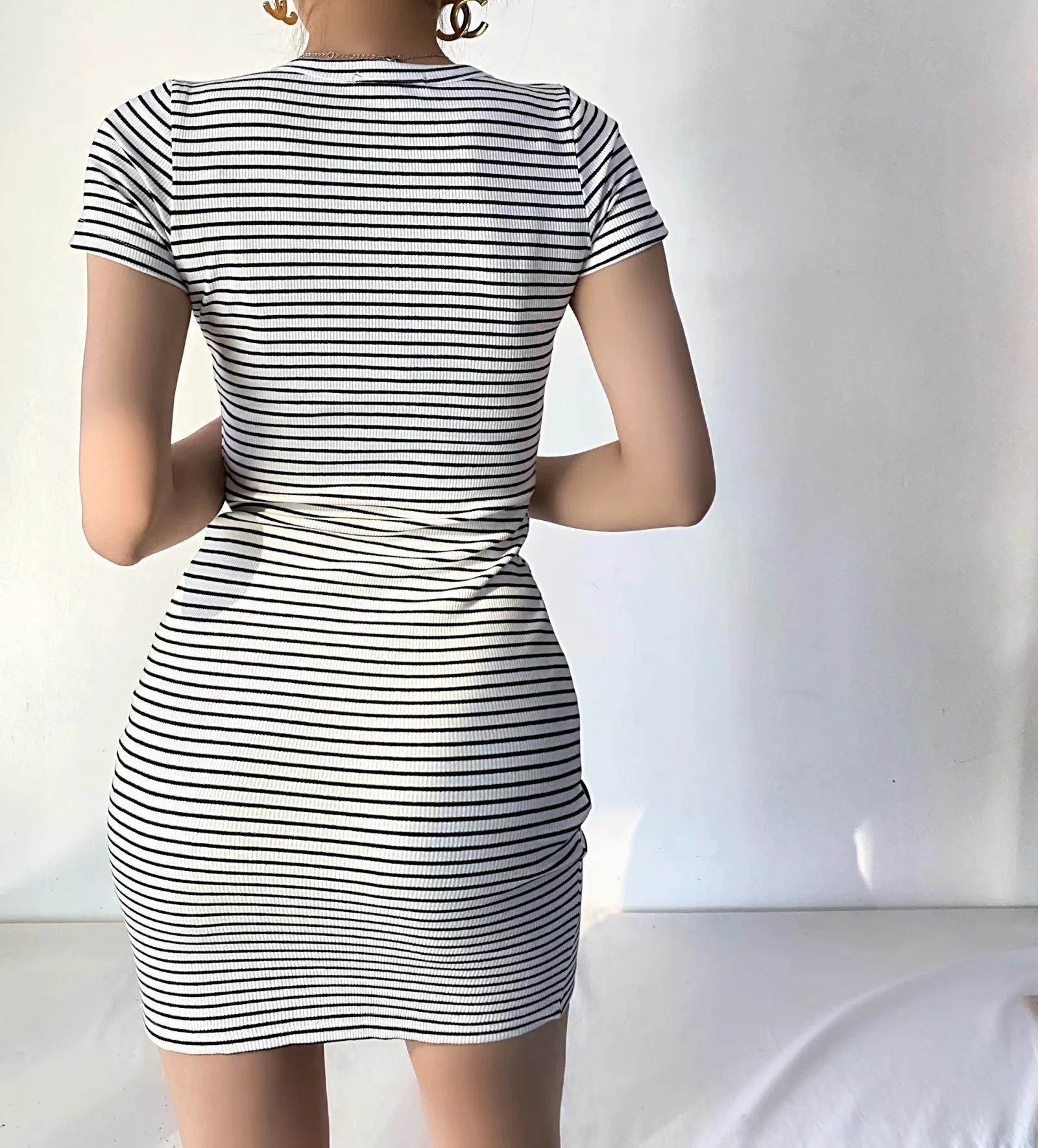 retro striped round neck short sleeve dress   NSAC40575