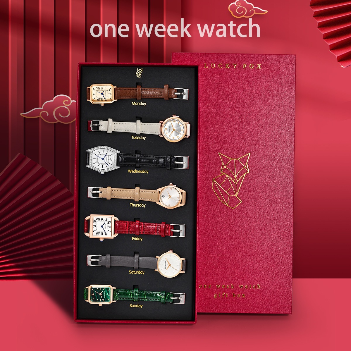 Luckyfox One-Week Watch Set with Simple Casual Retro Quartz Leather Strap for Women, Gift Box Set for Christmas Gifts