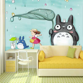 卡通龙猫儿童房壁布宫崎骏男孩卧室背景墙布幼儿园早教游乐园壁画