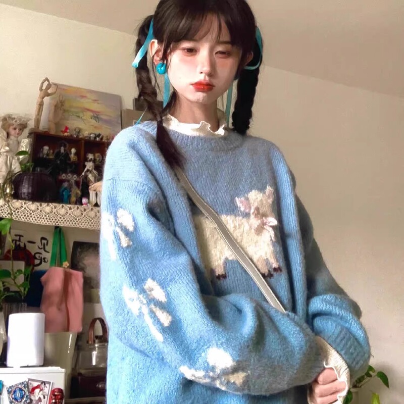 Soft Waxy Blue Round Neck Short Three-dimensional Bow Lamb Knitted Sweater Women's Top Loose Winter Lazy Style Sweater Soft Waxy Blue Round Neck Short Three-dimensional Bow Lamb Knitted Sweater Women's Top Loose Winter Lazy Style Sweater