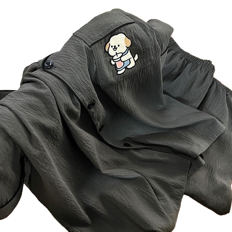 Pijamas de verano para hombres simple ocio dibujos animados perros bordados nubes sólidas algodón ropa de hogar tres piezas conjunto de cabello