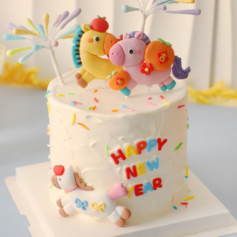 Trendy Baking Horse Baby New Year Birthday Decoration Cake Soft Clay Fireworks Dessert Topper