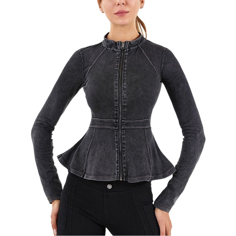 Primavera y verano nuevo Denim yoga cremallera motocicleta cuello alto adelgazamiento francés cintura deportes ropa de entrenamiento