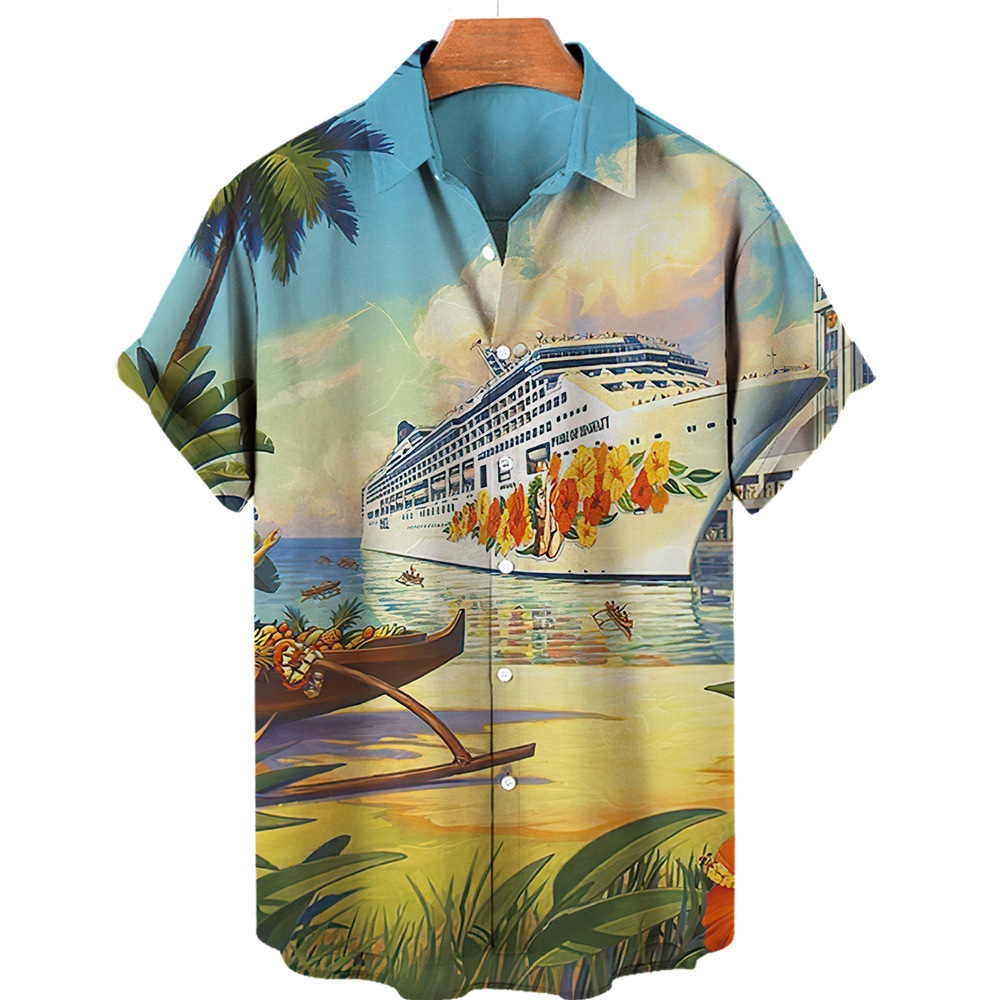 Turndown Neckline Wholesale Men's Vacation Cartoon Landscape Short Sleeve Printing Men's Tops