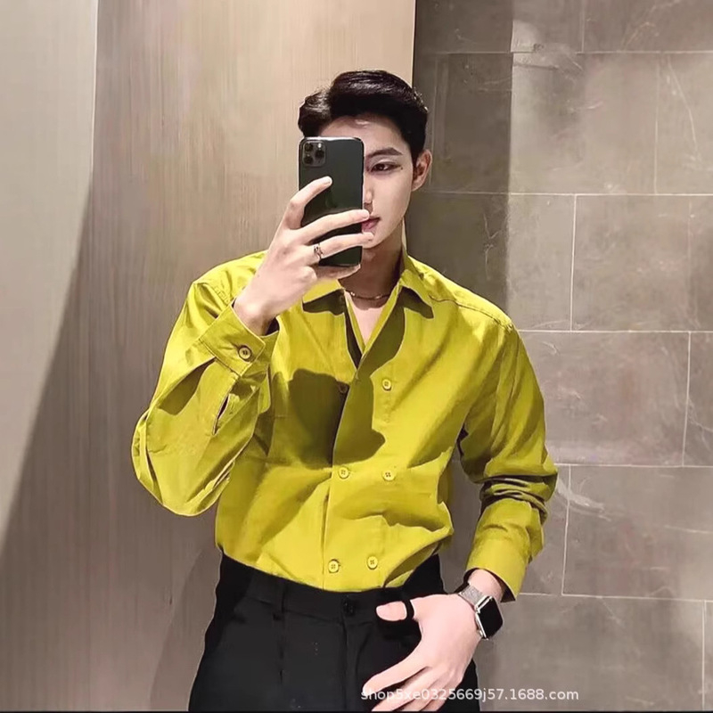 Salt Style Double-breasted Shirt Boyfriend Style Loose Long-sleeved Duffel Handsome Dress Collar Shirt Small Chanel Style Dark Striped Shirt Trendy Salt Style Double-breasted Shirt Boyfriend Style Loose Long-sleeved Duffel Handsome Dress Collar Shirt Small Chanel Style Dark Striped Shirt Trendy