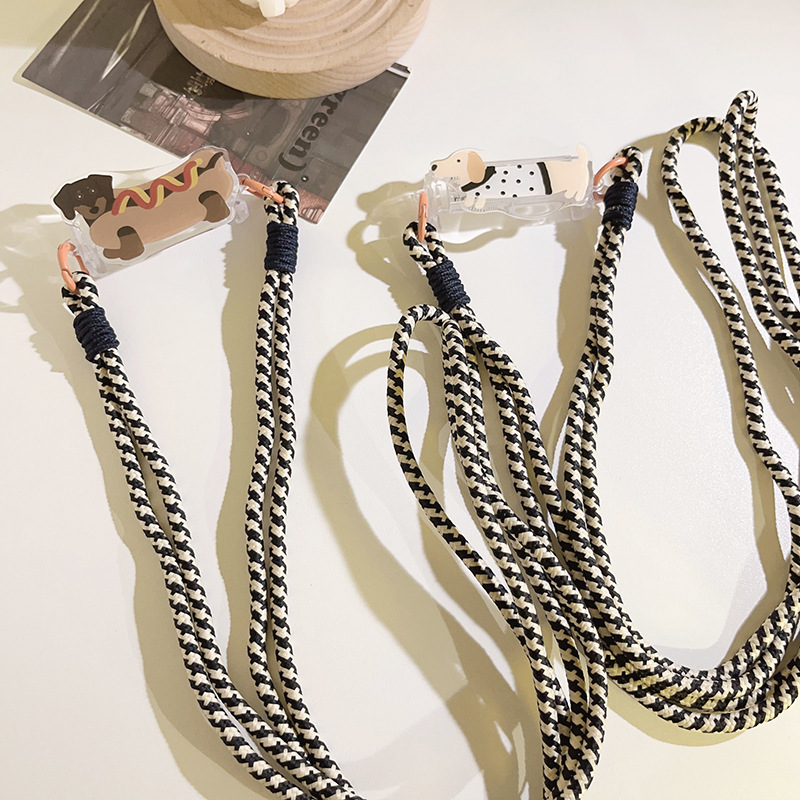 萌趣波点小狗背夹斜跨手机链麻花编绳通用手机壳可挂式户外挂脖带