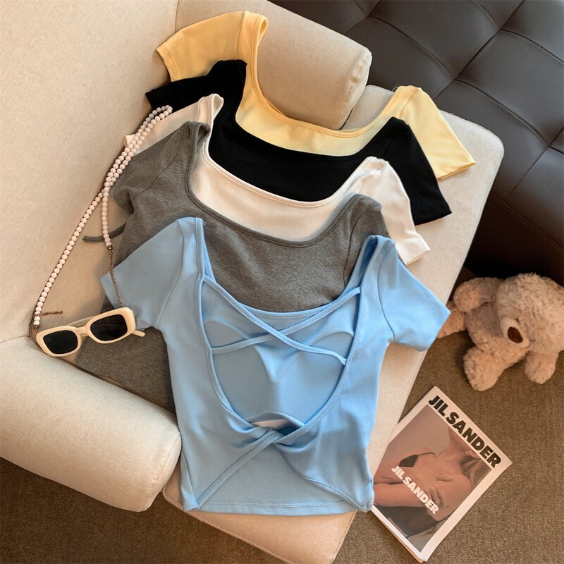 Pure Sweet Cool Sexy Summer Square Neck Backless High Waist Chest Pad Short Pure Desire Short-Sleeved T-Shirt Top Summer