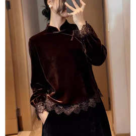 新中式女装咖色拼接盘扣丝绒衬衫26春轻熟小众不撞款蕾丝内搭上衣