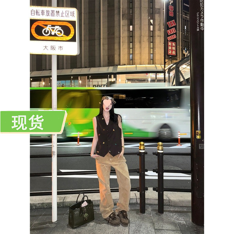 欧阳小狗刺绣西装马甲女秋季设计感小众复古无袖黑色马夹上衣|undefined