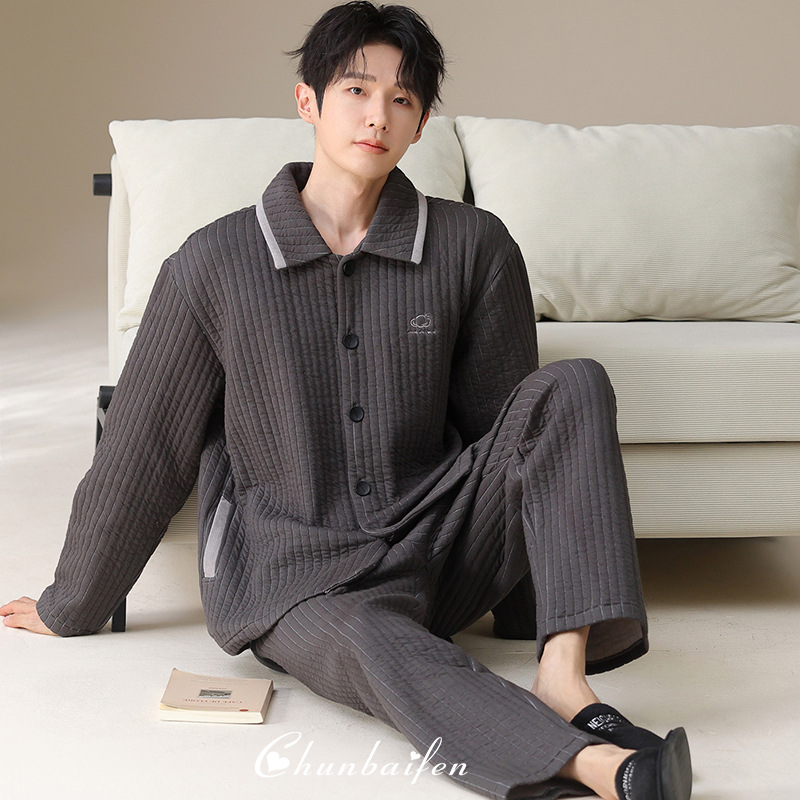 Men's Pajamas Spring and Autumn Thickened Quilted Autumn and Winter Thin Quilted Cotton Winter Men's Air Cotton Home Wear Outerwear