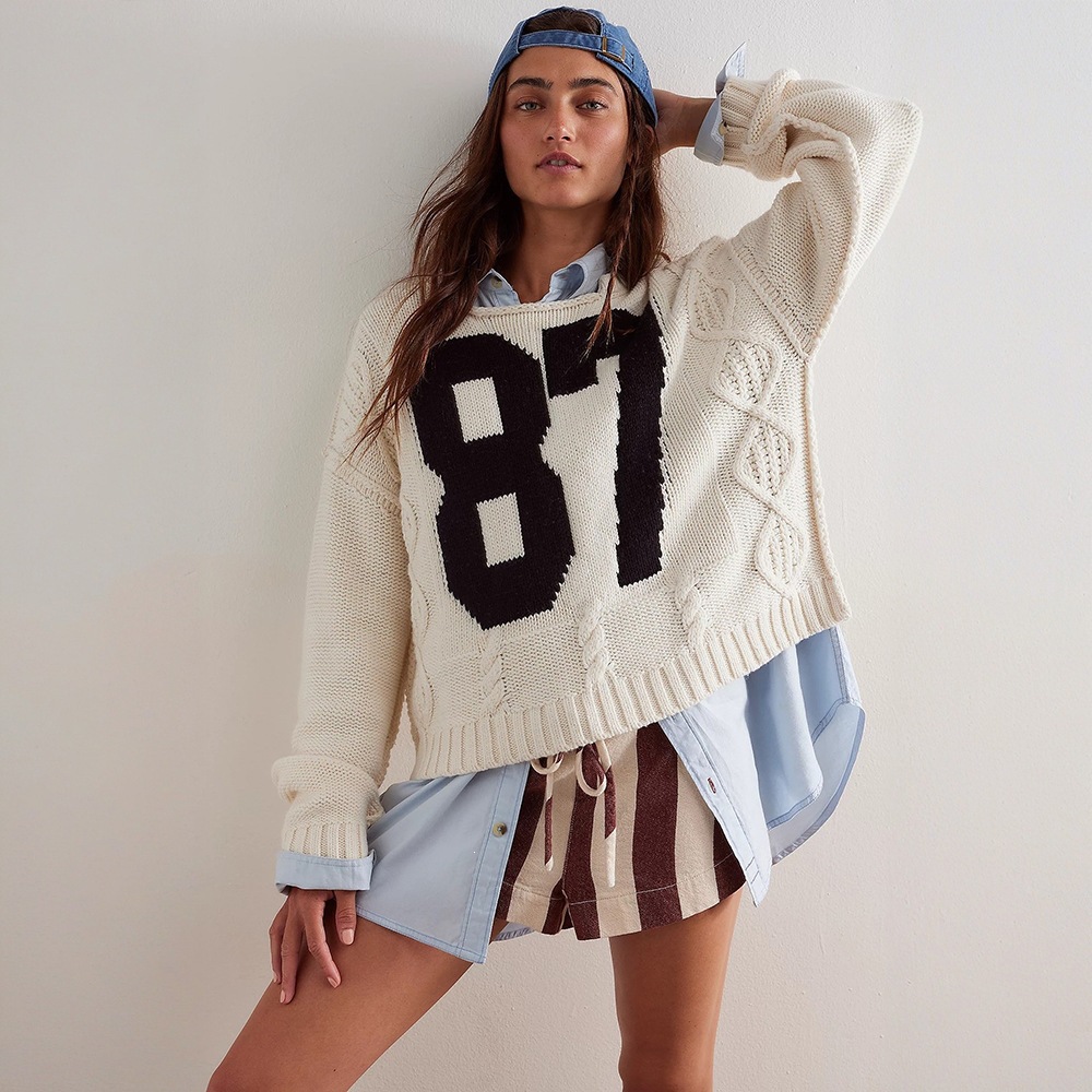 2026 New Model Foreign Trade Hot-Selling Autumn and Winter Cross-Border European and American Women's Fashion Digital Color-Blocking Knitted Pullover Loose Long-Sleeve Sweater
