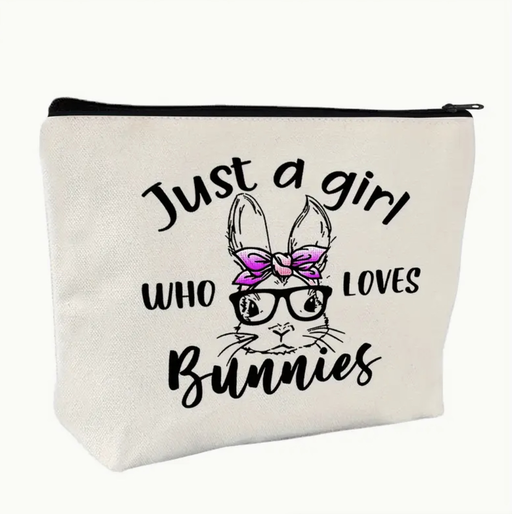Transfronterizo Amazon temu bolsa de cosméticos de conejo impresión de doble cara en inglés de dibujos animados bolsa de lavado de viaje algodón y lino de gran capacidad