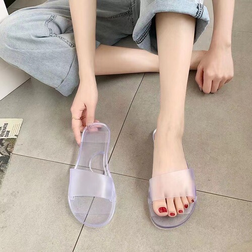 Summer New Crystal Slippers for Women, Fashion Jelly Transparent Outdoor Wear Casual Color Home Anti-Odor One-Sided Slippers for Women
