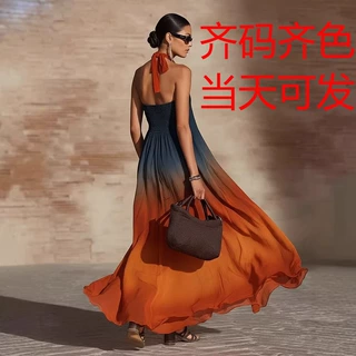 跨境新款亚马逊欧美印花度假无袖大摆个性挂脖款性感连衣裙10650