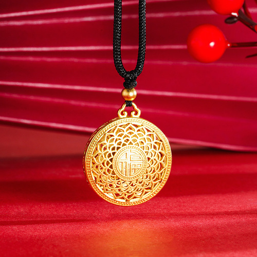 Eight Treasure Lotus Compass Pendant Gold-plated Brass Necklace Hollow Fortune Character Round Pendant Knitted Jewelry Wholesale