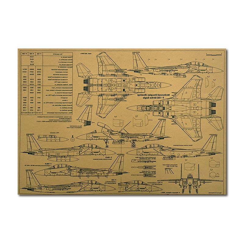【A2170】F-15E攻击鹰三视复古牛皮纸海报咖啡馆装饰画