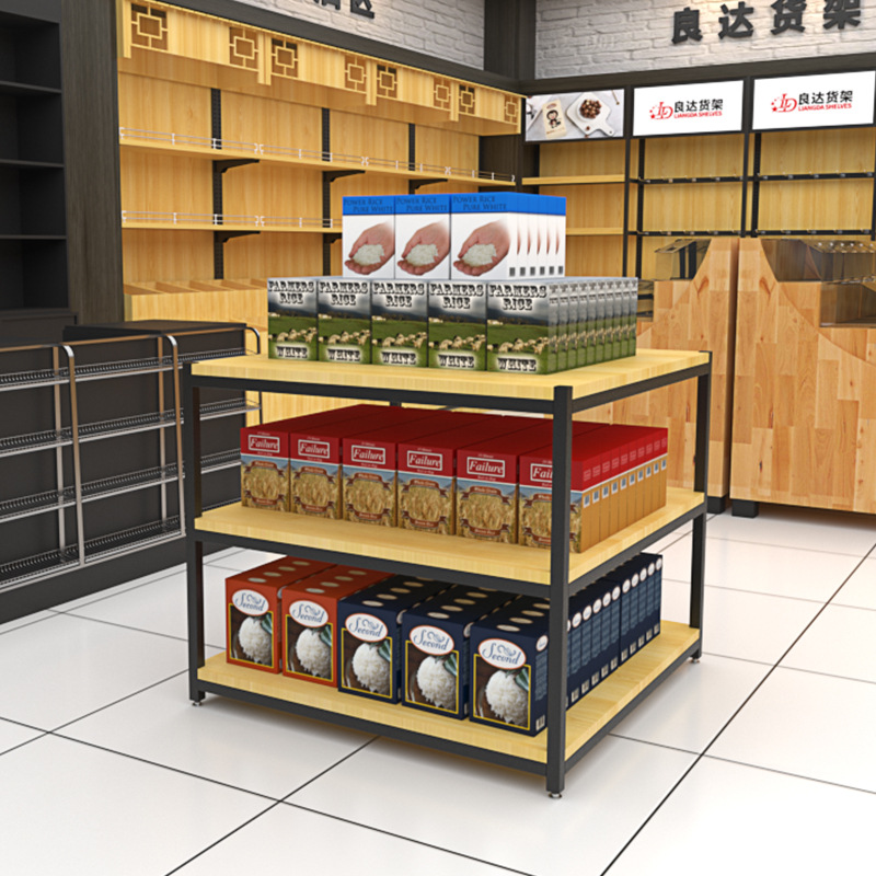 商场超市货架促销三层堆头货架展示架铁木结合百货商超促销台