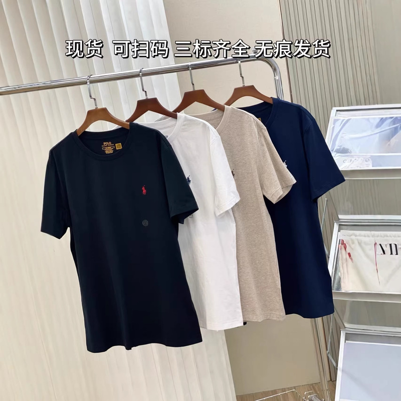 In Stock, Qr Code Available, Rl Pony Embroidery Men's Short-Sleeve All-Cotton Crew Neck T-Shirt, Simple and Versatile, 100% Cotton
