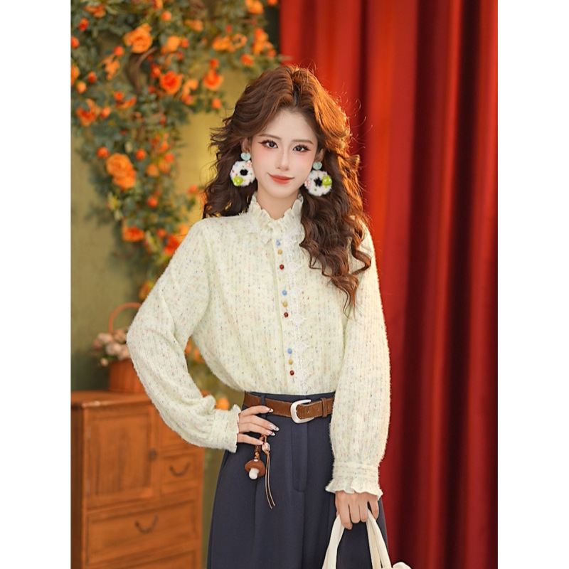 Dayuansad Zhang Jiayuan Lace Patchwork Knitted Top Thickened Long-Sleeve Shirt # S15079