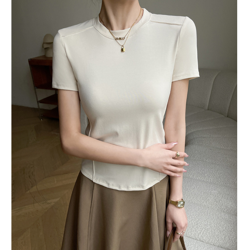 Q popular 280G modal hombro derecho espina de pescado cuello redondo Camiseta ajustada de manga corta para mujer verano 2024 top suelto