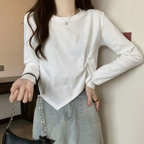 纯棉大码女装设计感长袖T恤小心机打底衫春秋胖mm显瘦不规则上衣|undefined