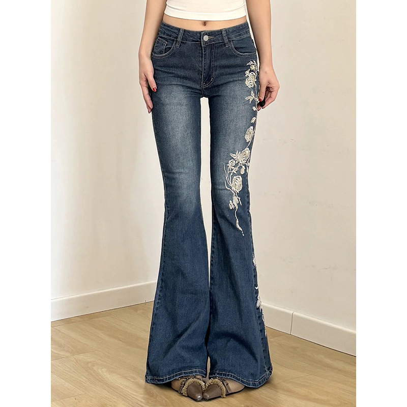 American Retro Rose Embroidered Bootcut Jeans for Women Y2K Sexy Elastic Slim Slim Flared Pants for Women