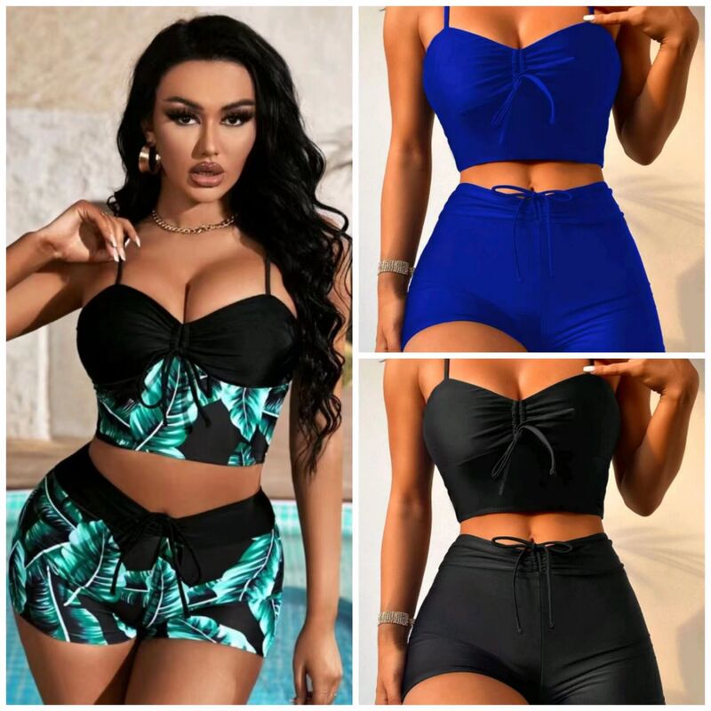 2023 European and American Foreign Trade Split Solid Color Drawstring Strap High Waist Swimsuit Women's Boxer Shorts Cross-border bikini AliExpress