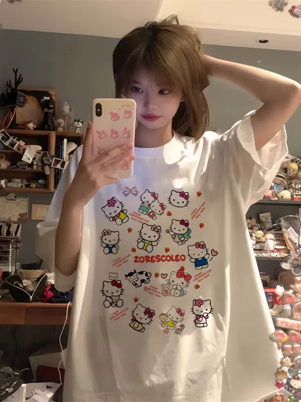 เสื้อยืดแขนสั้น HelloKitty สำหรับเด็กผู้หญิง ฤดูร้อน นักเรียนมัธยมต้น มัธยมปลาย ทรงหลวม ไซส์ใหญ่ แขนยาวครึ่งแขน