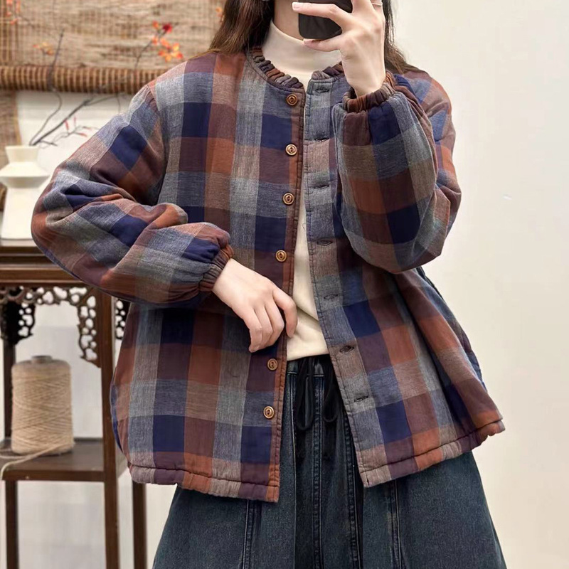 木耳边领格子棉服外套女士秋冬轻薄夹棉长袖开衫休闲简约复古棉衣|undefined