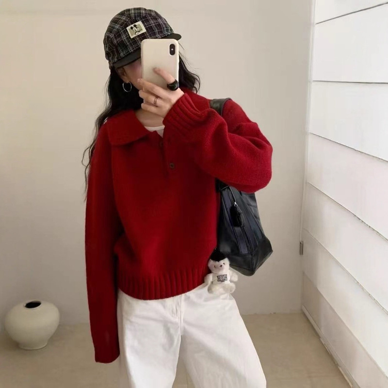 韩系polo领纯色宽松厚实套头毛衣女简约休闲长袖针织套衫毛衣外套|undefined