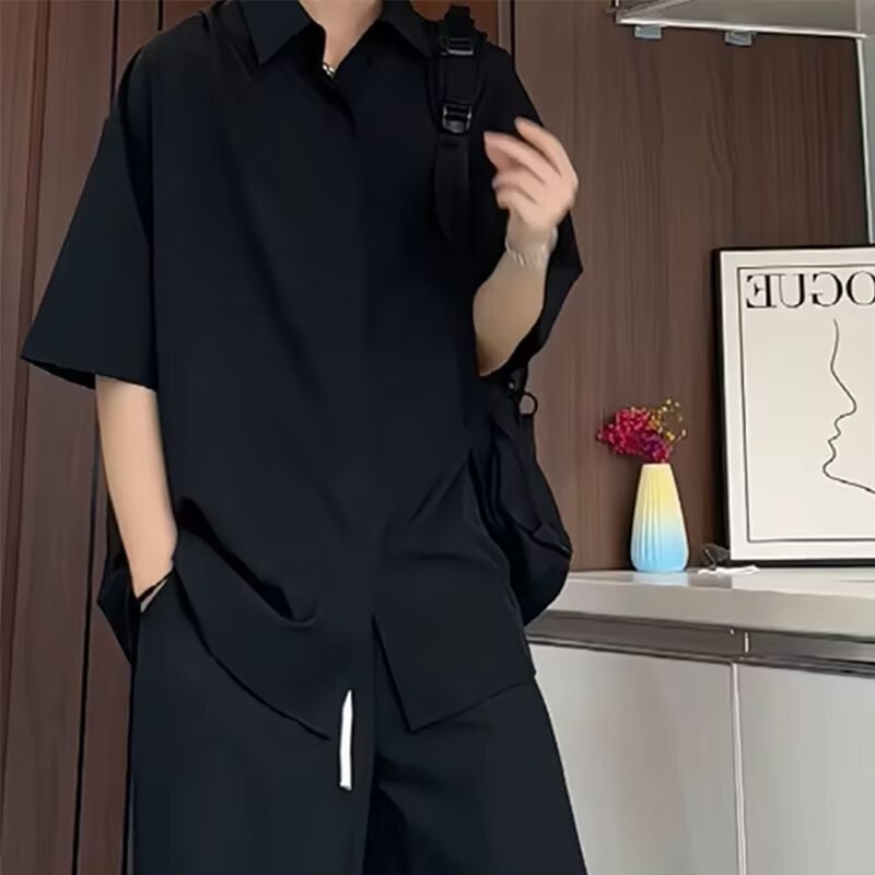 Summer New Style Black Ice Silk Shirt Short-Sleeved Men's Suit High-End Loose Shirt Half-Sleeved Thin Jacket