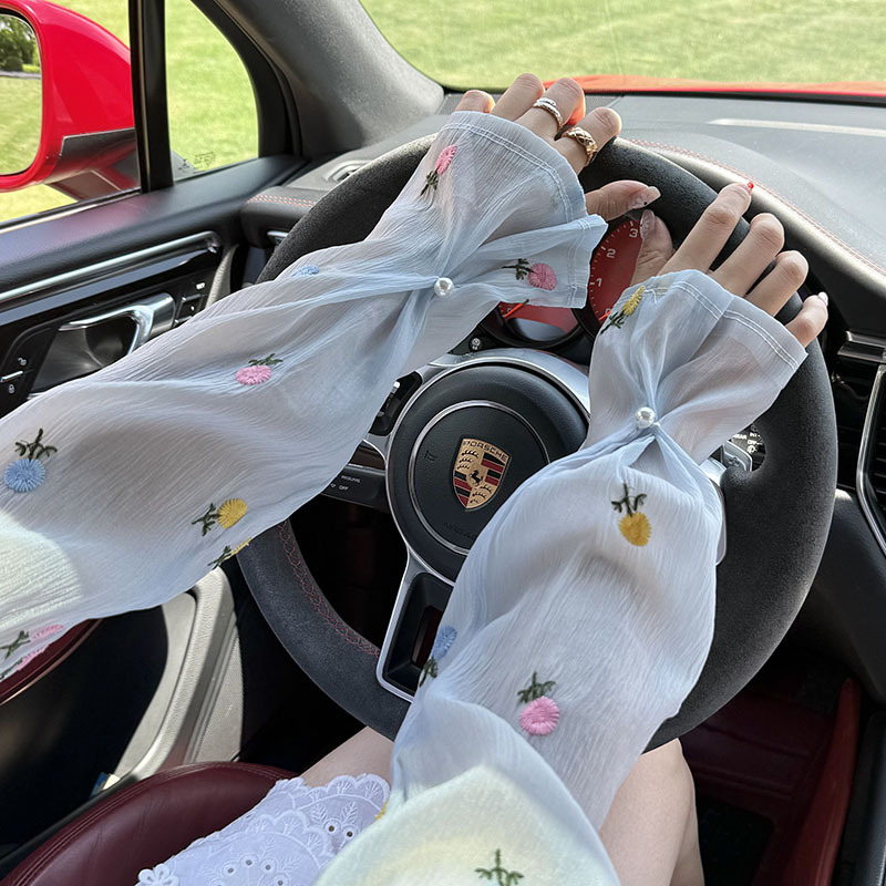 Mangas de hielo, mangas de protección solar, nuevas flores bordadas, mangas acampanadas sueltas, hebilla de perlas, mangas de hielo, mangas de seda de hielo, mangas de seda de hielo, mujeres