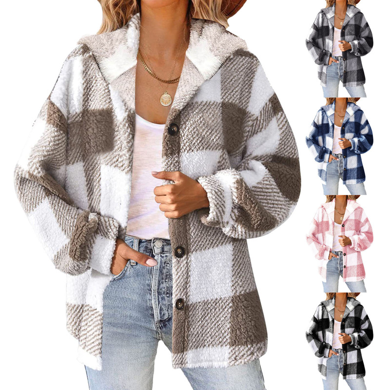 European and American Cross-Border New Style 2025 Amazon Ebay Printed Plaid Hooded Button Jacket Plush Warm Coat for Women