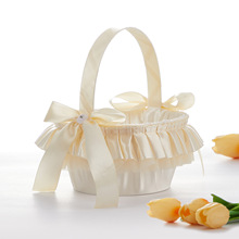 新款香槟金色婚礼花篮蝴蝶结蕾丝裙边节日花篮新娘结婚花童小花篮