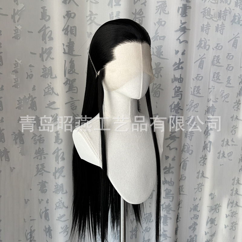 Black Three-Pointed Korean Silk Front Lace Wig with Beauty Bangs, Long Straight Hair, Hand-Crocheted Wig Headpiece, Ancient Style Cosplay, Xie Zheng Black Three-Pointed Korean Silk Front Lace Wig with Beauty Bangs, Long Straight Hair, Hand-Crocheted Wig Headpiece, Ancient Style Cosplay, Xie Zheng