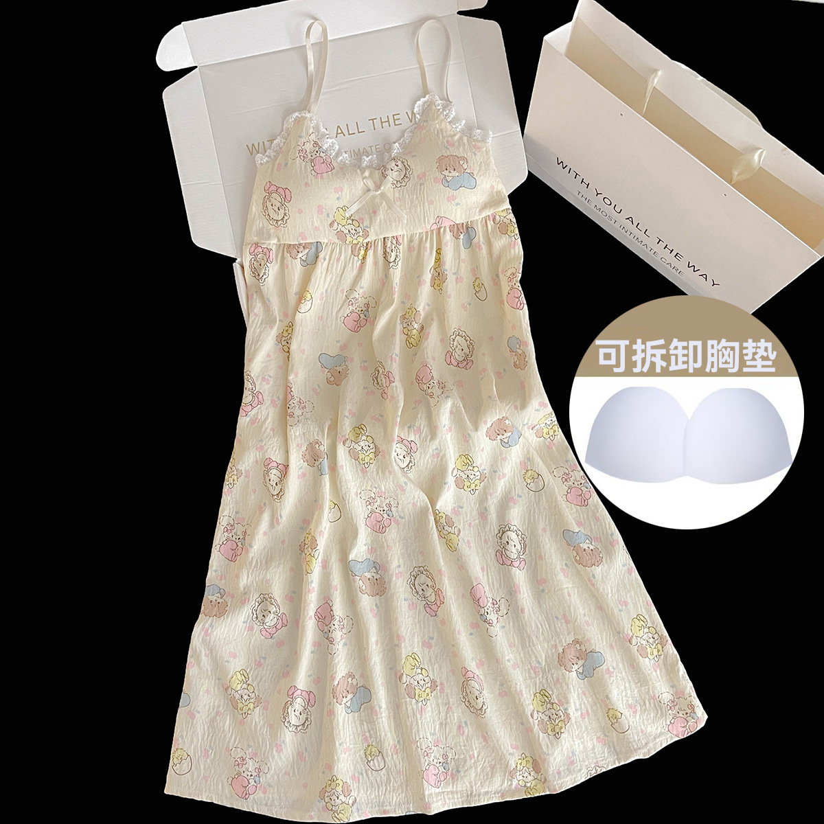 2026 vestido de pijama de mujer de verano cojín de pecho desmontable coreano encantador dibujos animados ropa doméstica de niña de verano en vivo