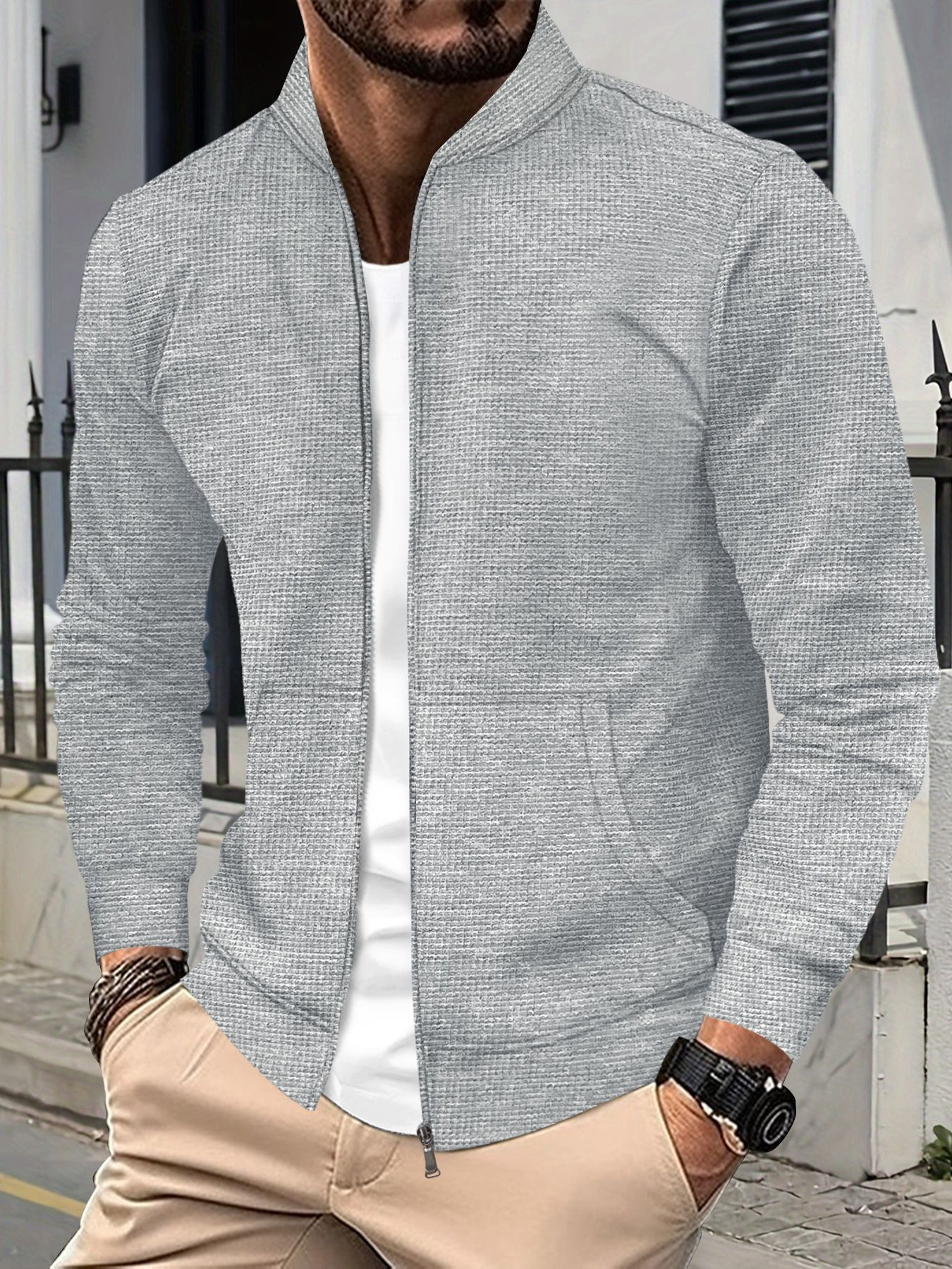 Herren Baseballjacke Langarm Waffelstrick Einfarbig Mit Reißverschluss_voghion.com