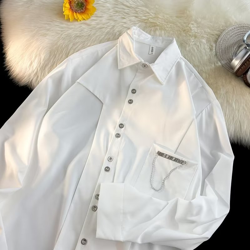 Erkek Zincir Detaylı Uzun Kollu Sokak Giyimi Gömlek Büyük Boy Düğmeli, Çıkarılabilir Aksesuarlı Gömlek (Siyah/Beyaz, M-3XL)_voghion.com