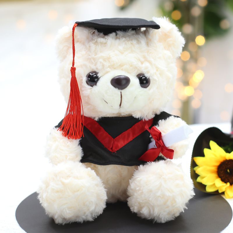 Venta al por mayor de uniformes de licenciatura, maestría, oso de doctorado, juguete de peluche, muñeca de oso graduado, muñeca de trapo impresa, regalo de graduación