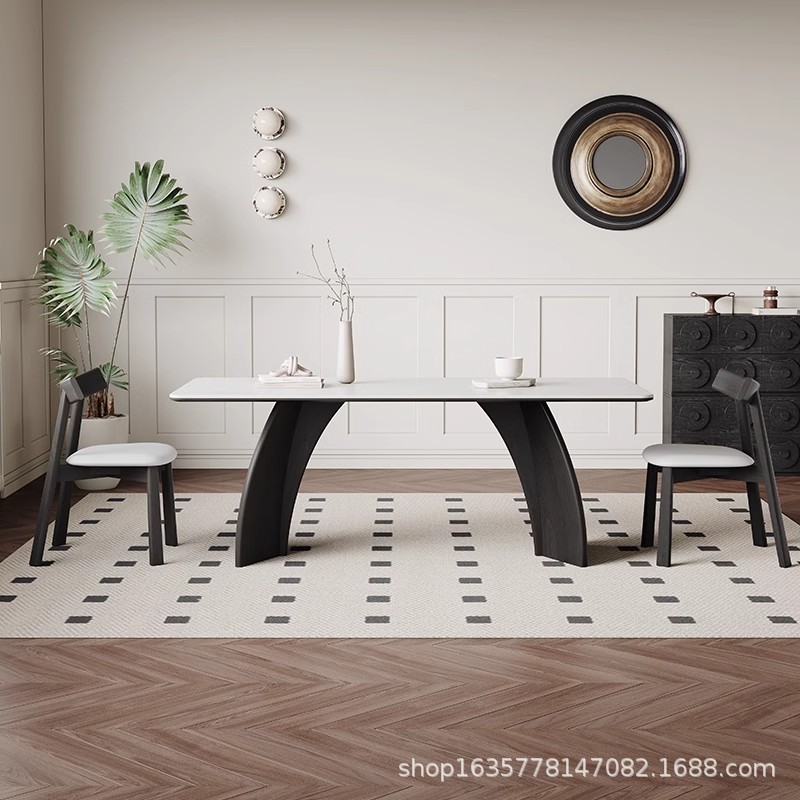 Mesa de comedor de tablero de roca blanca pura retro francesa Mesa de comedor para el hogar de madera blanca minimalista moderna Mesa de comedor rectangular de madera maciza negra