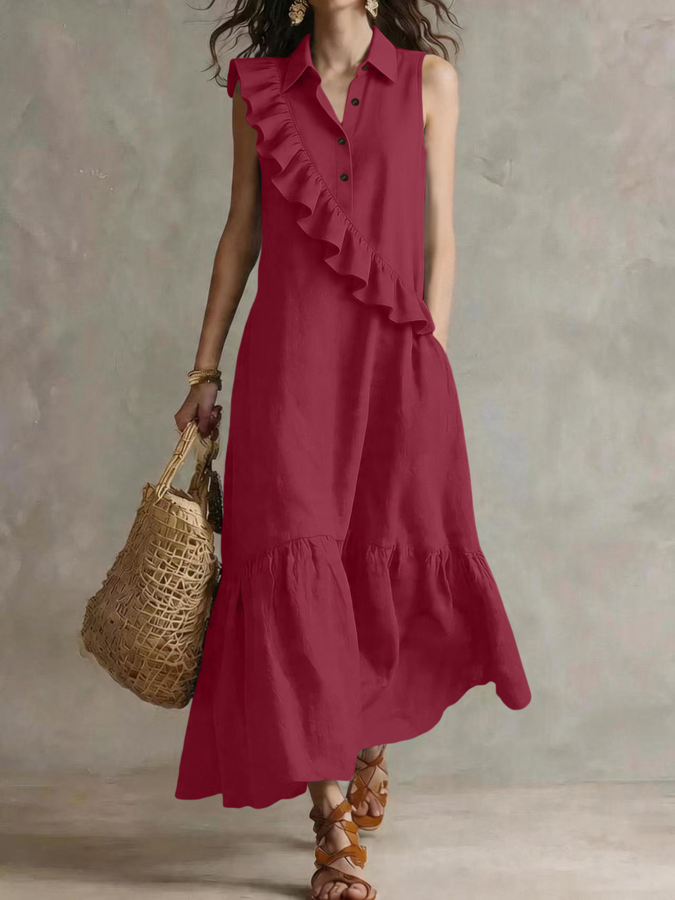 Transfronterizo temu Amazon estación independiente retro sin mangas diseño de cuello de traje de viaje temperamento vestido