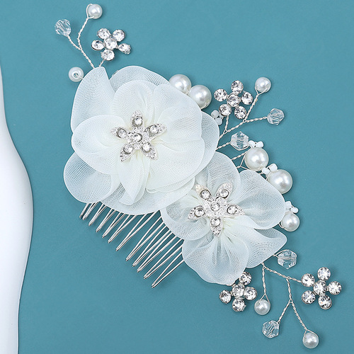 Pearl crystal comb bridal Xiuhe headdress rhinestone silk flower chiffon flower headdress antique Hanfu hair accessories wholesale