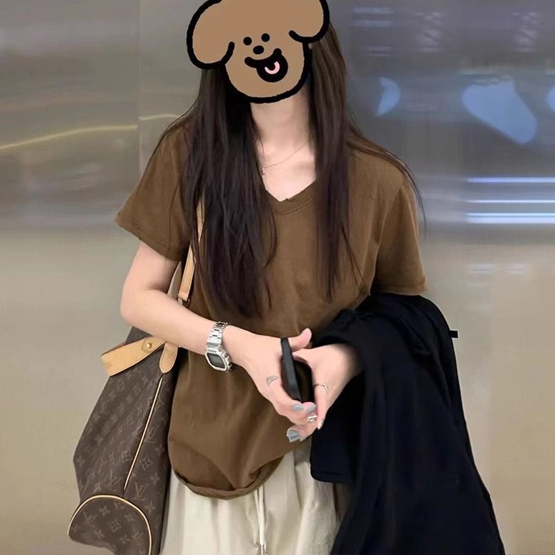 Solid Color V-Neck Short-Sleeve T-Shirt for Women, 2025 Summer New Korean Style, Loose Casual Simple Versatile Student Top