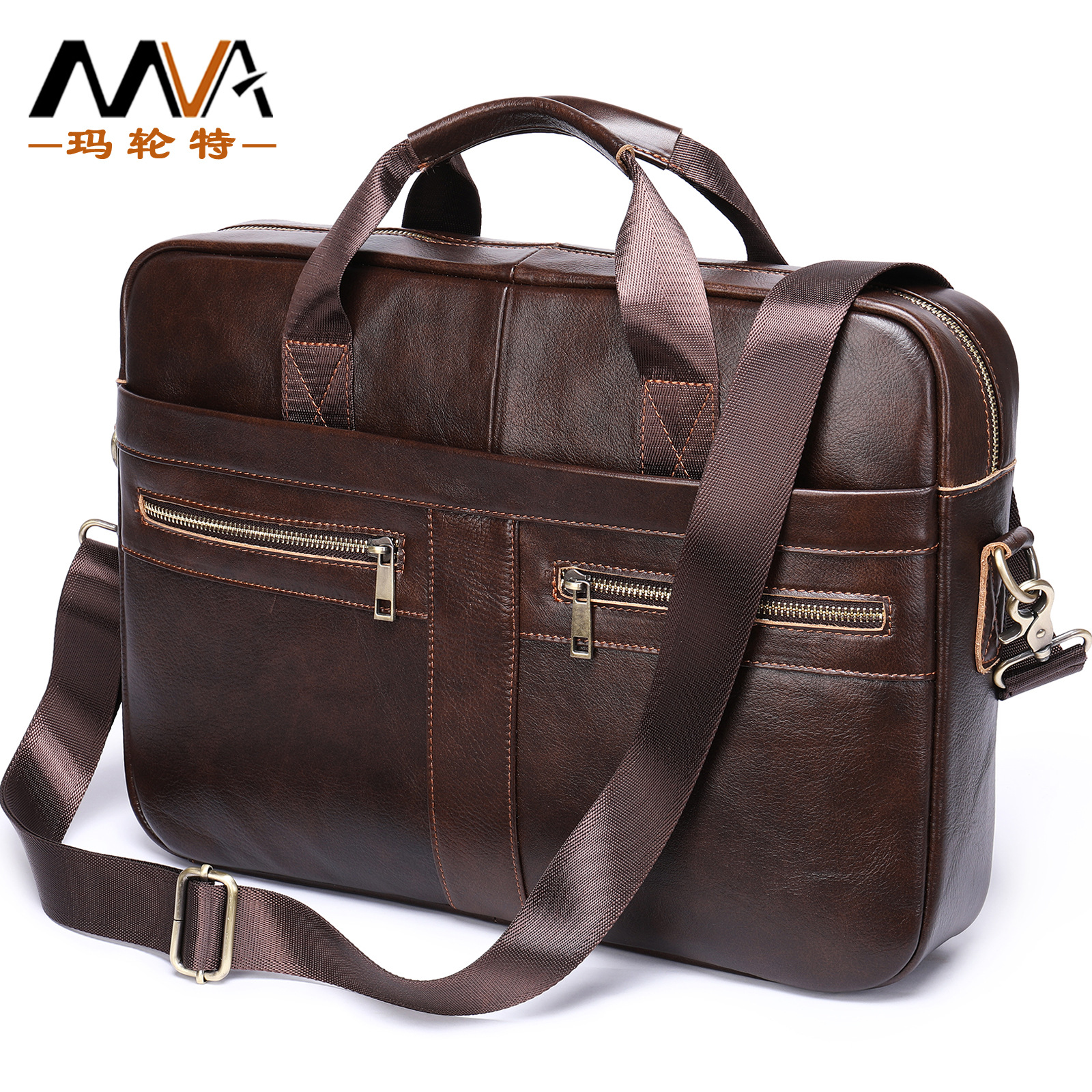 MVA new men's bag men's leather business briefcase true leather 15.6 inch computer bag leather handbag man