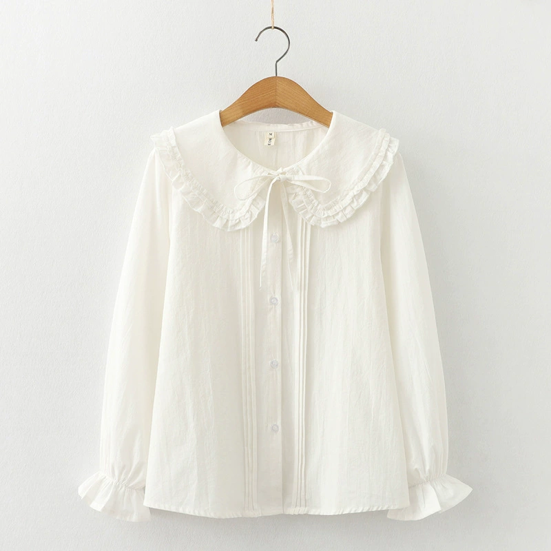 Женская хлопковая рубашка с кружевным воротником-стойкой, весна 2025, белая, свободного кроя, повседневная, базовая
